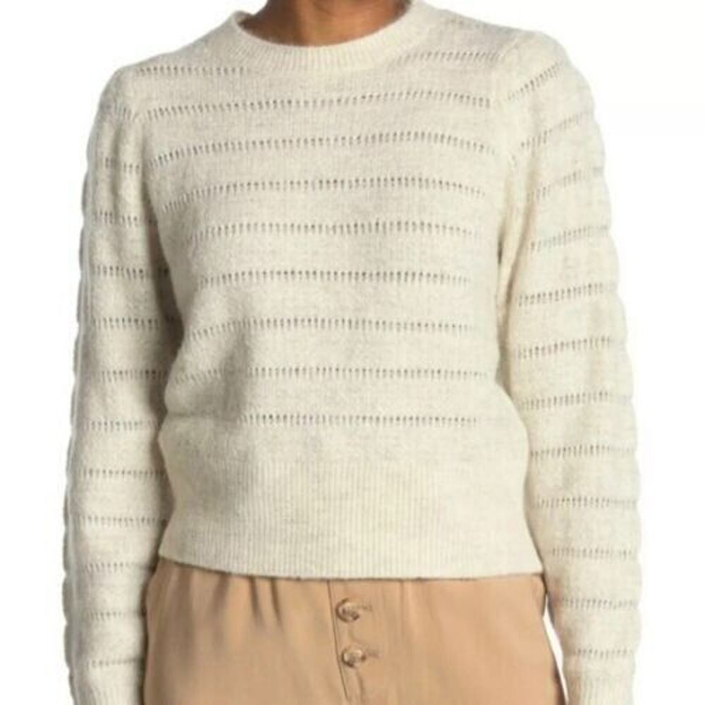 Elodie Women's Long Sleeve Open Knit Accented Crew Neck Sweater in Ivory Medium